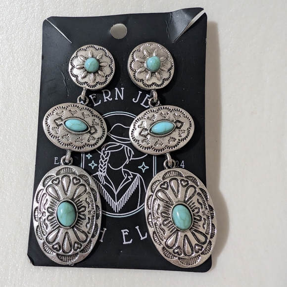 Boho Silver and Turquoise Dangle Earrings - Picture 3 of 5